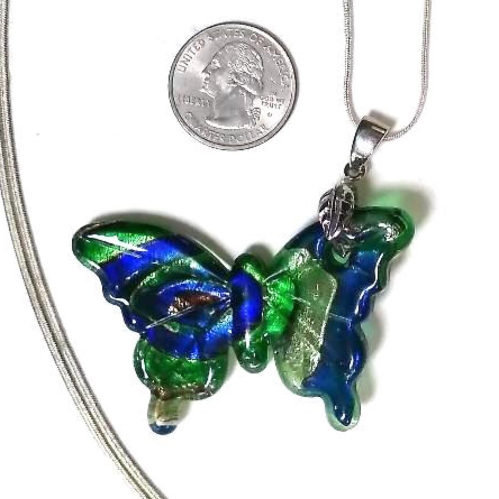 Large glass butterfly pendant necklace